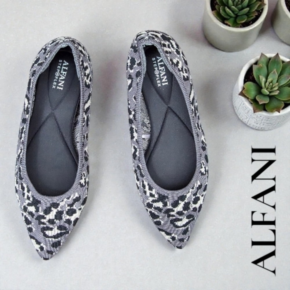 Alfani Step N Flex Leopard Flats Black White Gray Animal Print Pointy Toe Sz 8